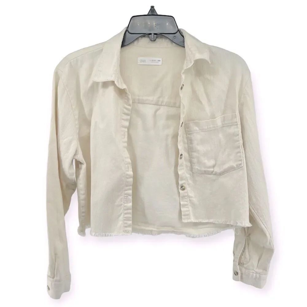 ZARA Girl’s Cream Button Front Denim Frayed Hem Cropped Top Size 13/14